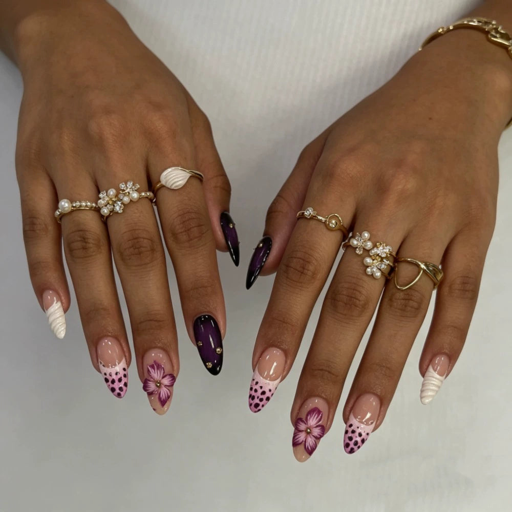 White 3D Floral Almond Press-On Nails