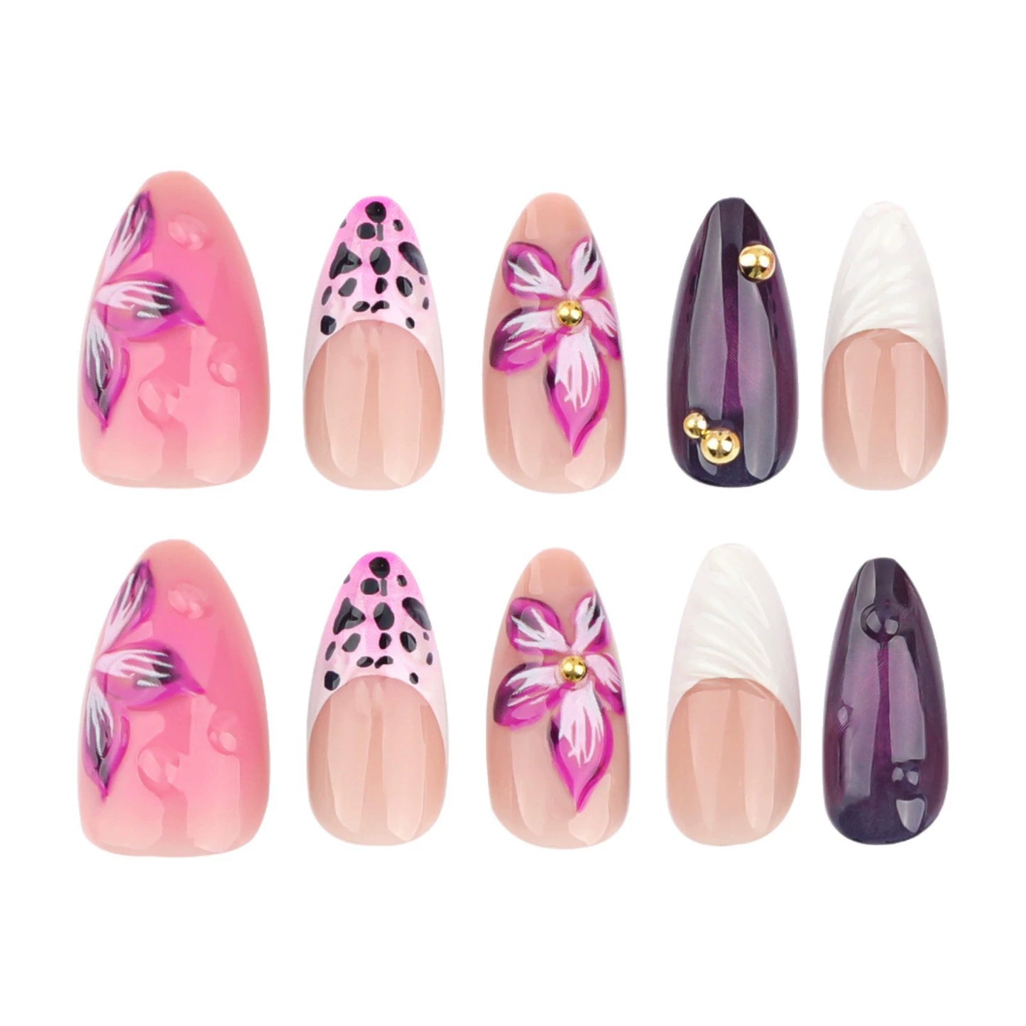 White 3D Floral Almond Press-On Nails