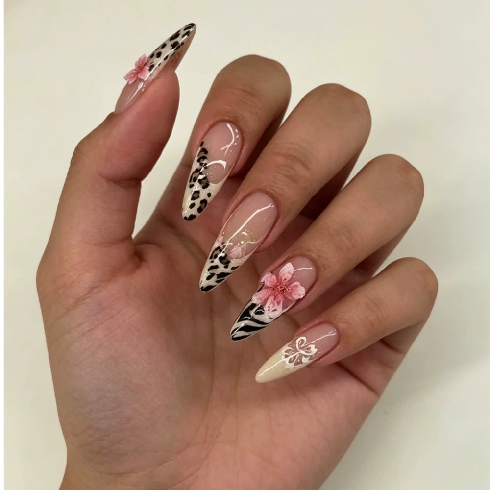 French 3D Floral Almond Press-On Nails