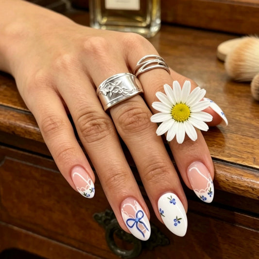 Blue French Floral Almond Press-On Nails