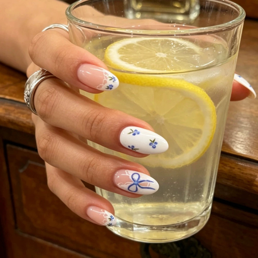 Blue French Floral Almond Press-On Nails