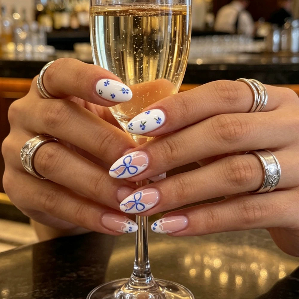 Blue French Floral Almond Press-On Nails