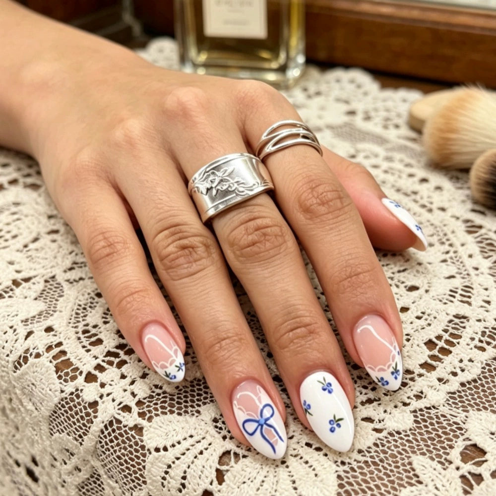 Blue French Floral Almond Press-On Nails