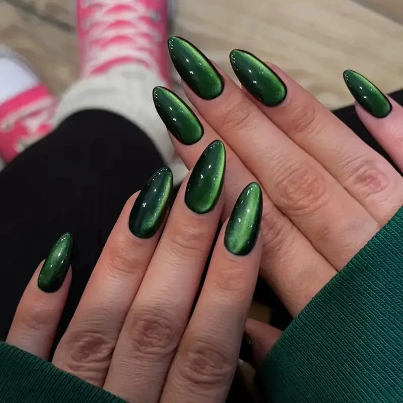 Green Cat Eye Almond Press-On Nails