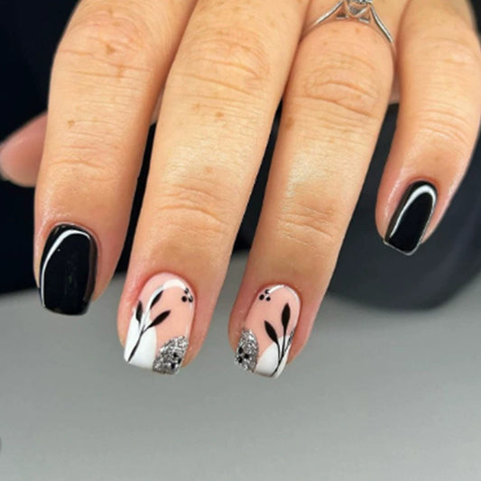 White Floral Short Square Press-On Nails