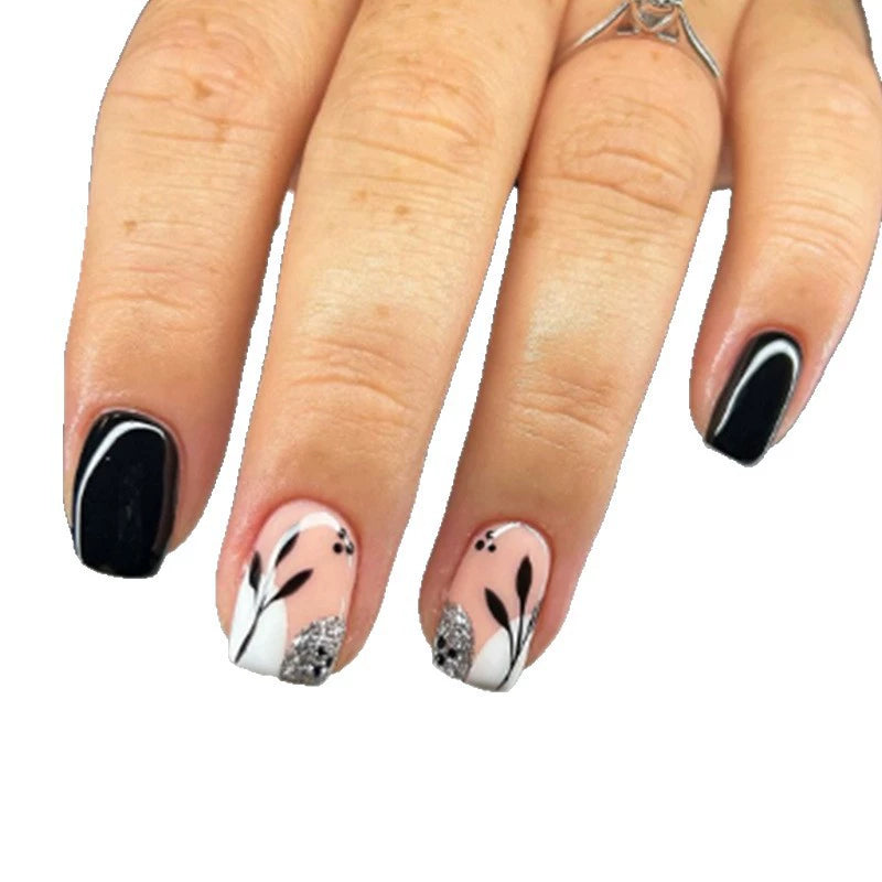White Floral Short Square Press-On Nails