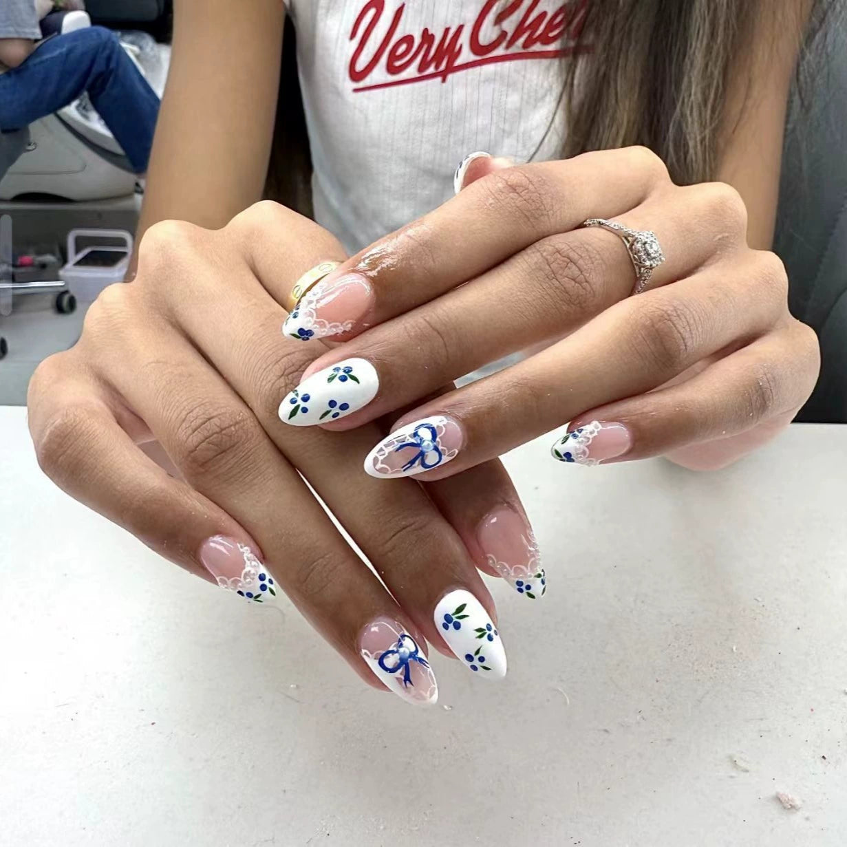 White French Floral Almond Press-On Nails