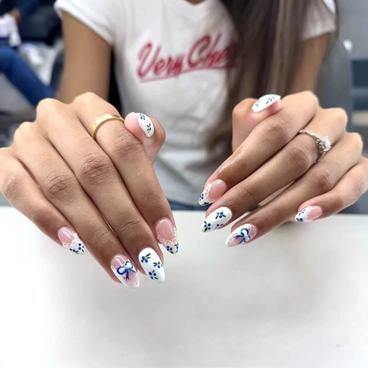 White French Floral Almond Press-On Nails