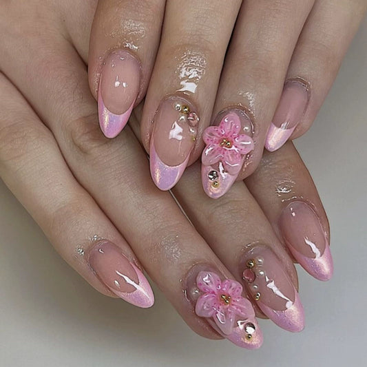 Pink French 3D Floral Almond Press-On Nails