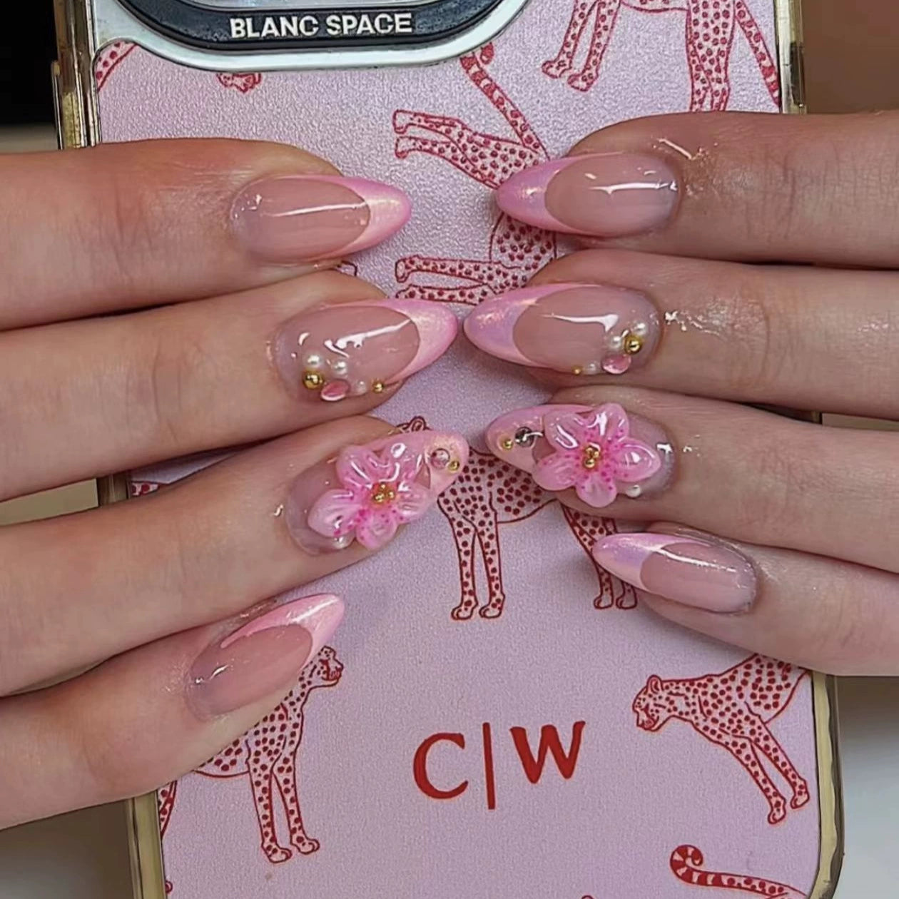 Pink French 3D Floral Almond Press-On Nails