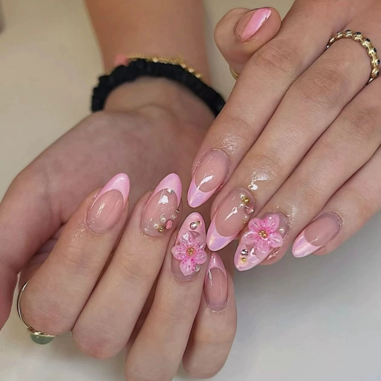 Pink French 3D Floral Almond Press-On Nails