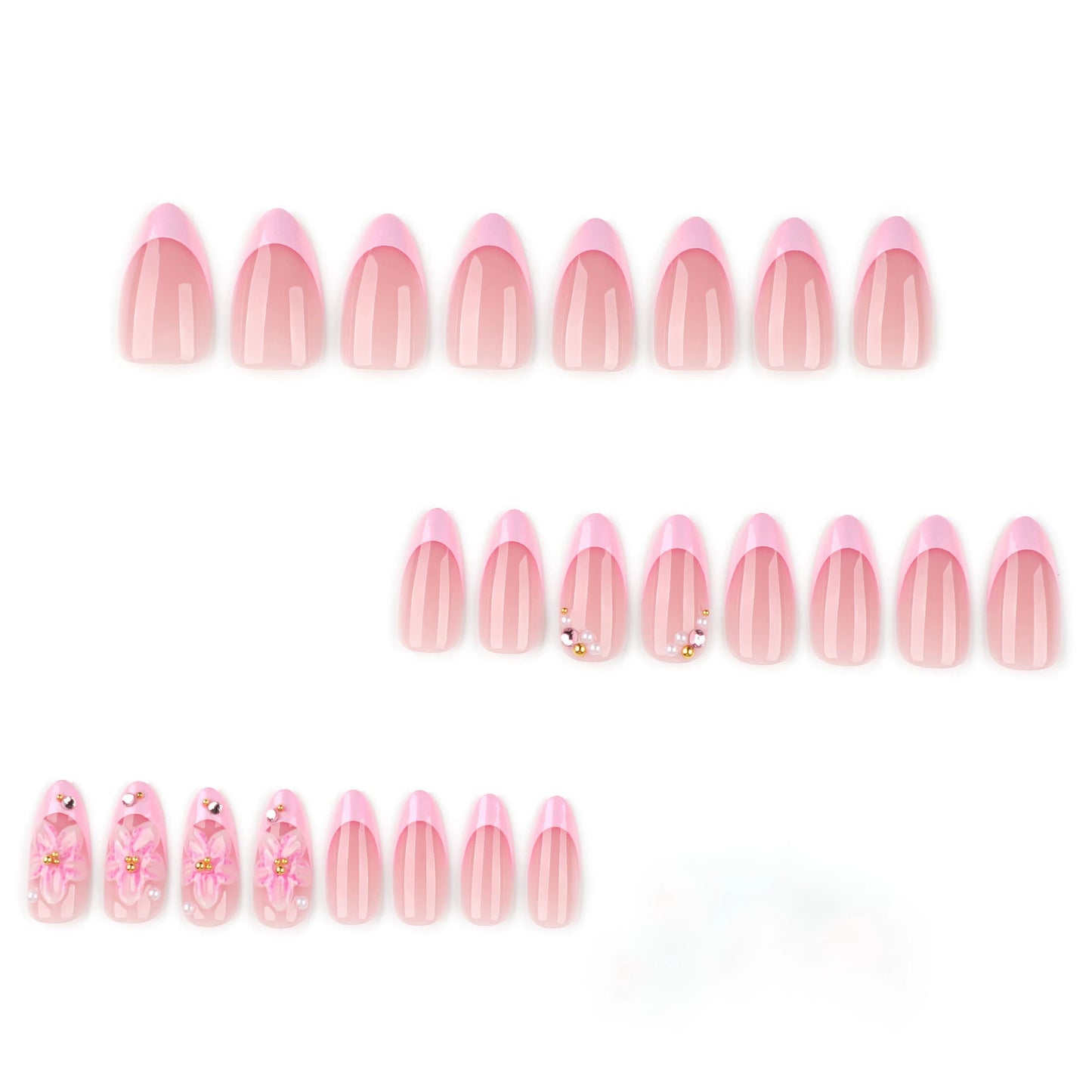 Pink French 3D Floral Almond Press-On Nails