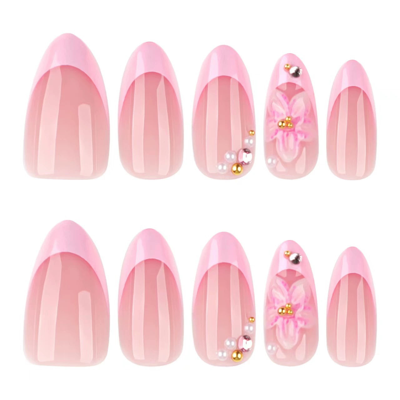 Pink French 3D Floral Almond Press-On Nails