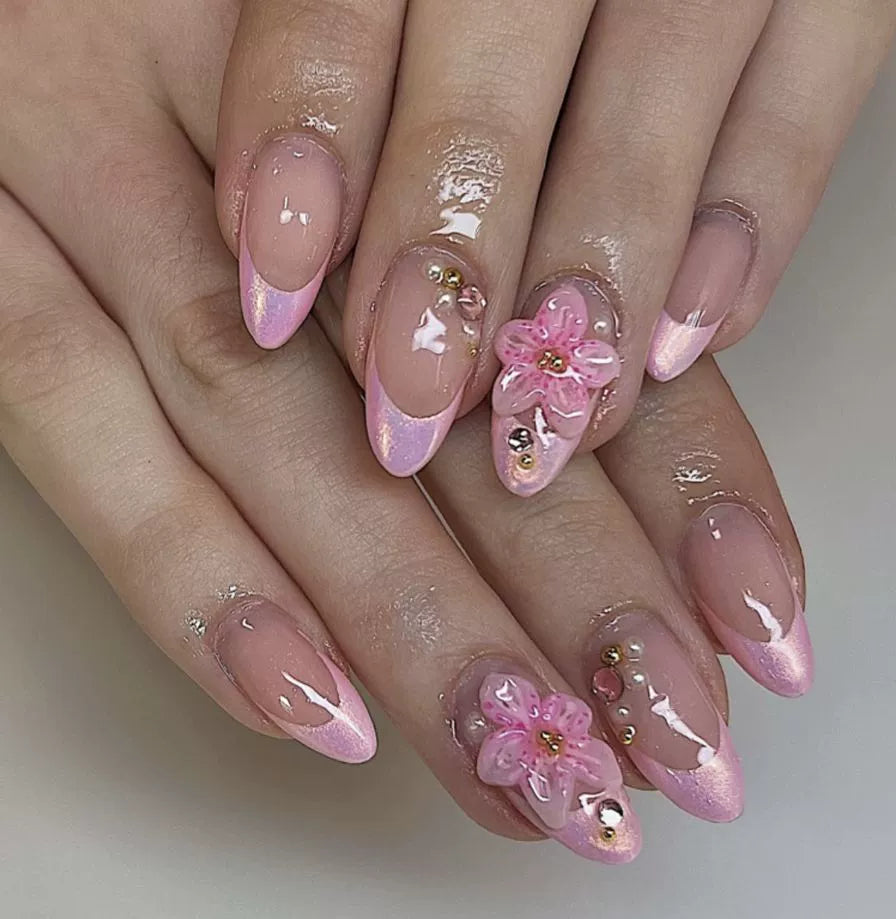 Pink French 3D Floral Almond Press-On Nails