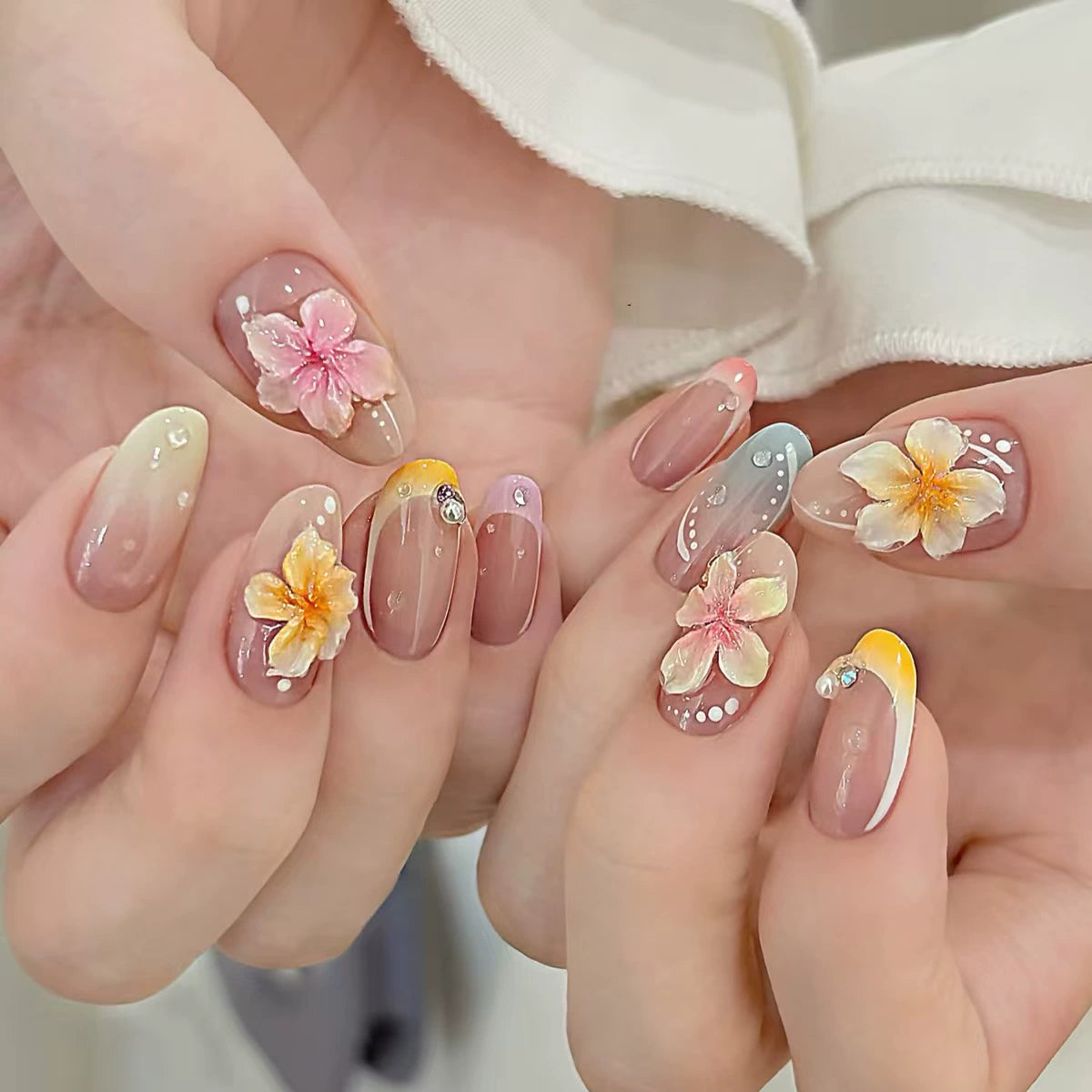 French 3D Floral Ombre Press-On Nails
