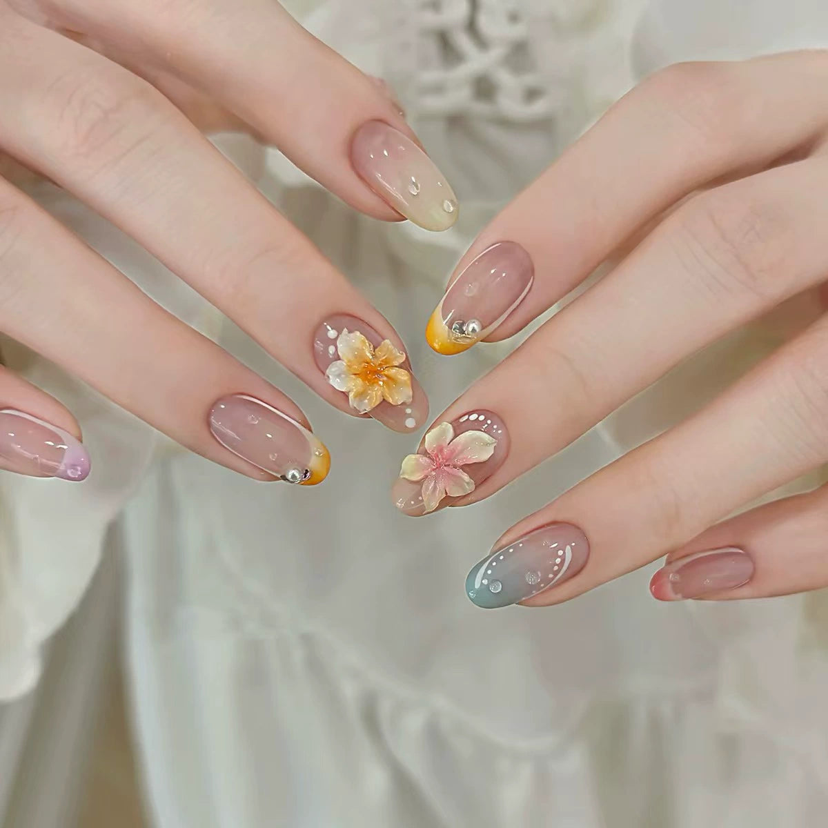 French 3D Floral Ombre Press-On Nails