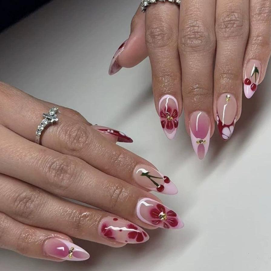 Red French Floral Ombre Almond Press-On Nails