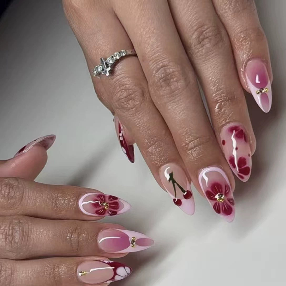 Red French Floral Ombre Almond Press-On Nails