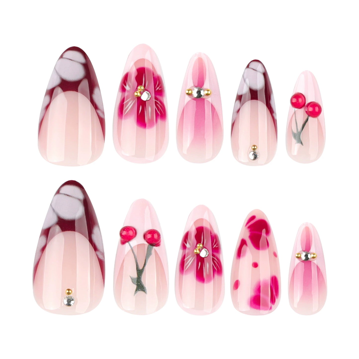 Red French Floral Ombre Almond Press-On Nails