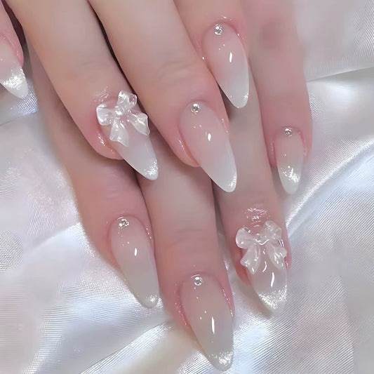 Cat Eye French Bow 3D Almond Press-On Nails