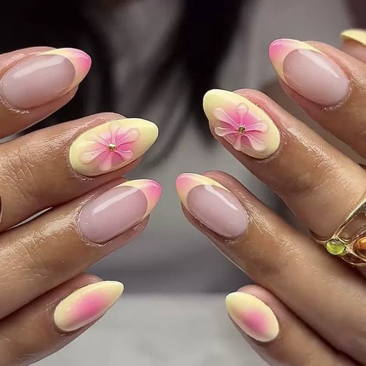 Red French 3D Floral Ombre Almond Press-On Nails