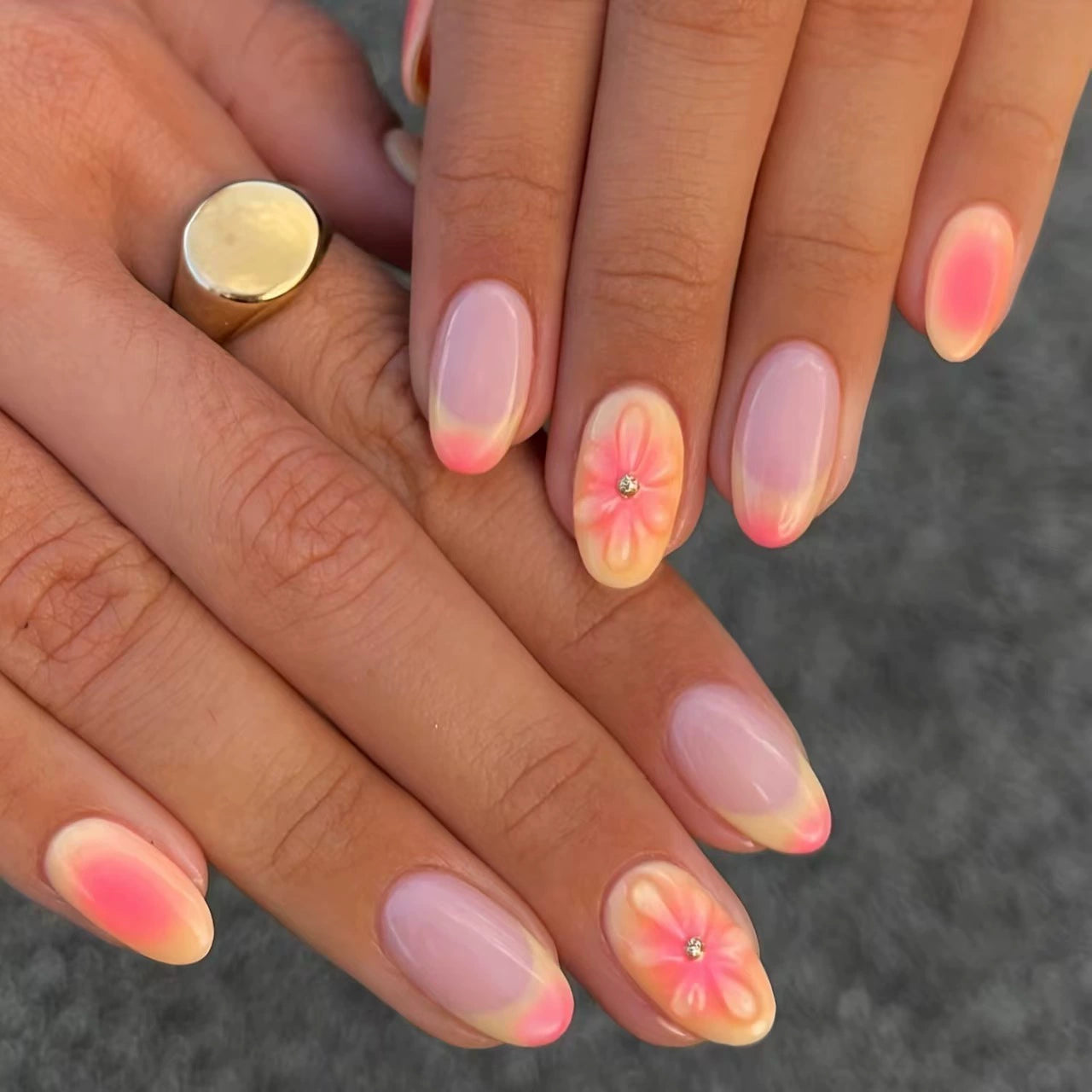 Red French 3D Floral Ombre Almond Press-On Nails