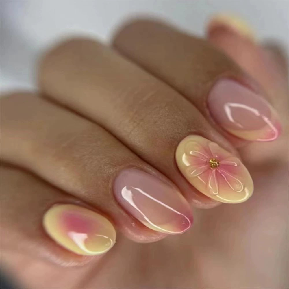 Red French 3D Floral Ombre Almond Press-On Nails