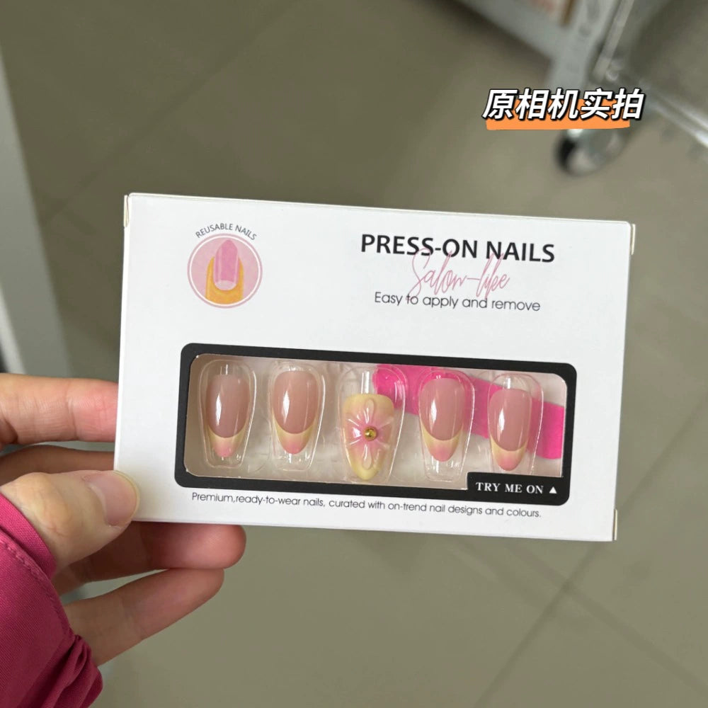 Red French 3D Floral Ombre Almond Press-On Nails