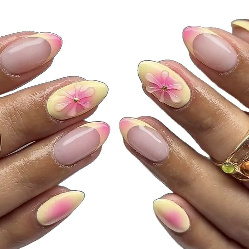 Red French 3D Floral Ombre Almond Press-On Nails