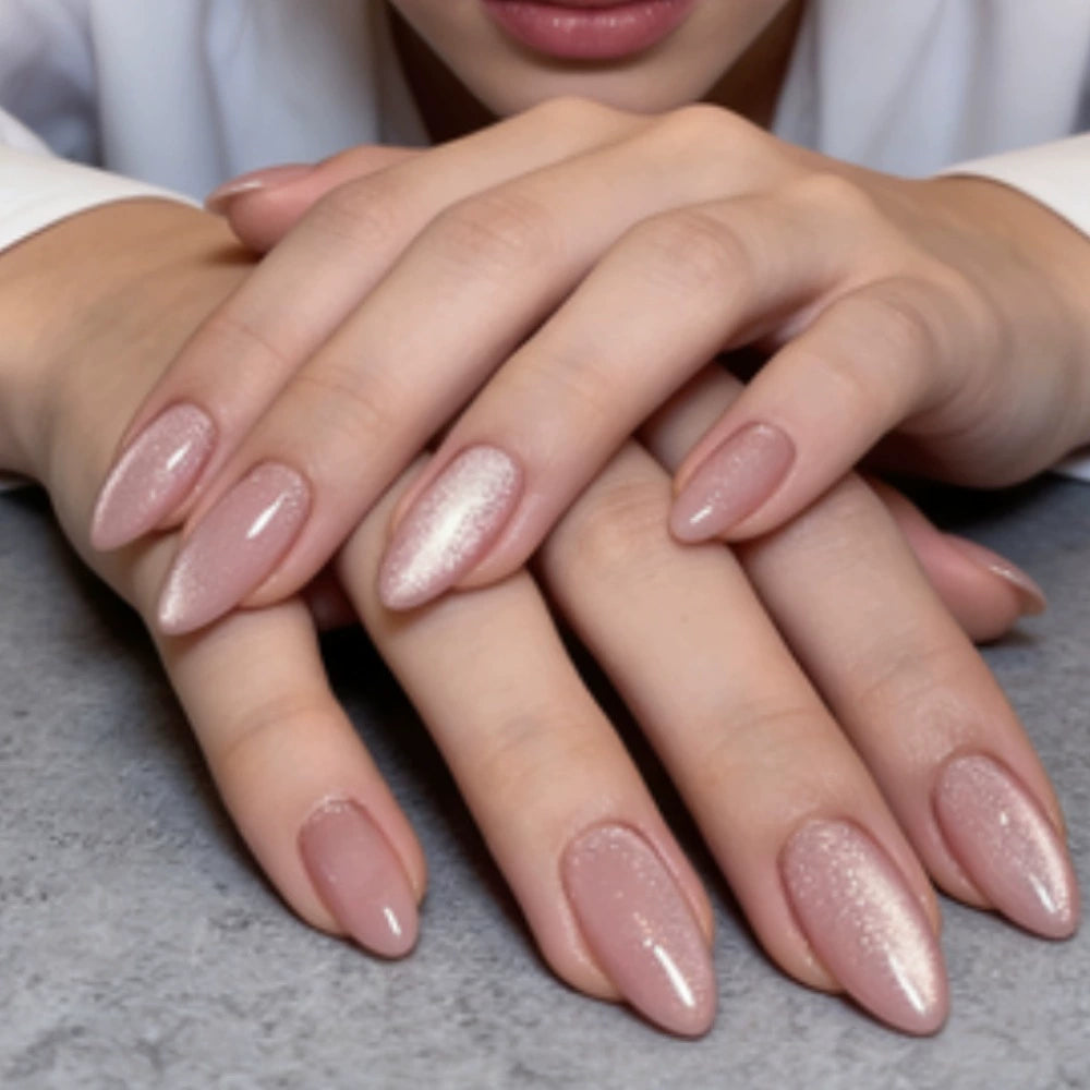White Cat Eye Almond Press-On Nails