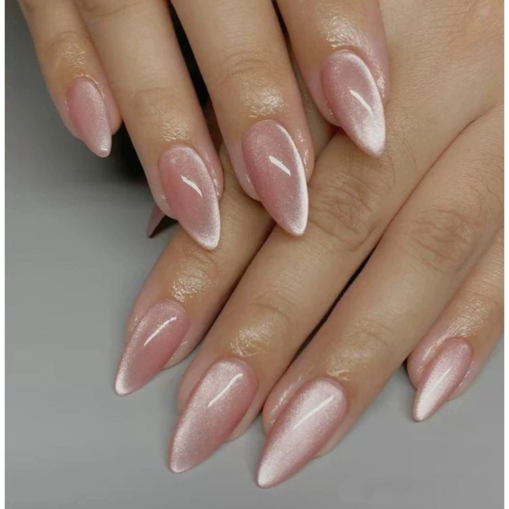 White Cat Eye Almond Press-On Nails