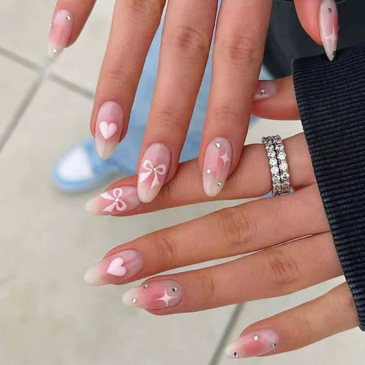 Pink Bow Ombre Rhinestone Almond Press-On Nails
