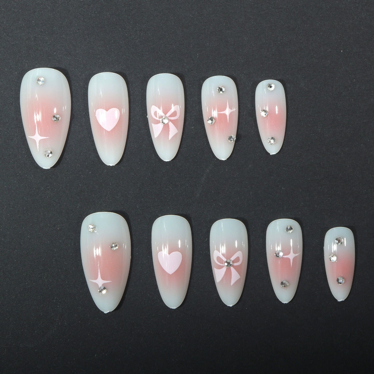Pink Bow Ombre Rhinestone Almond Press-On Nails