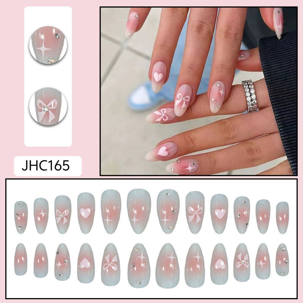 Pink Bow Ombre Rhinestone Almond Press-On Nails