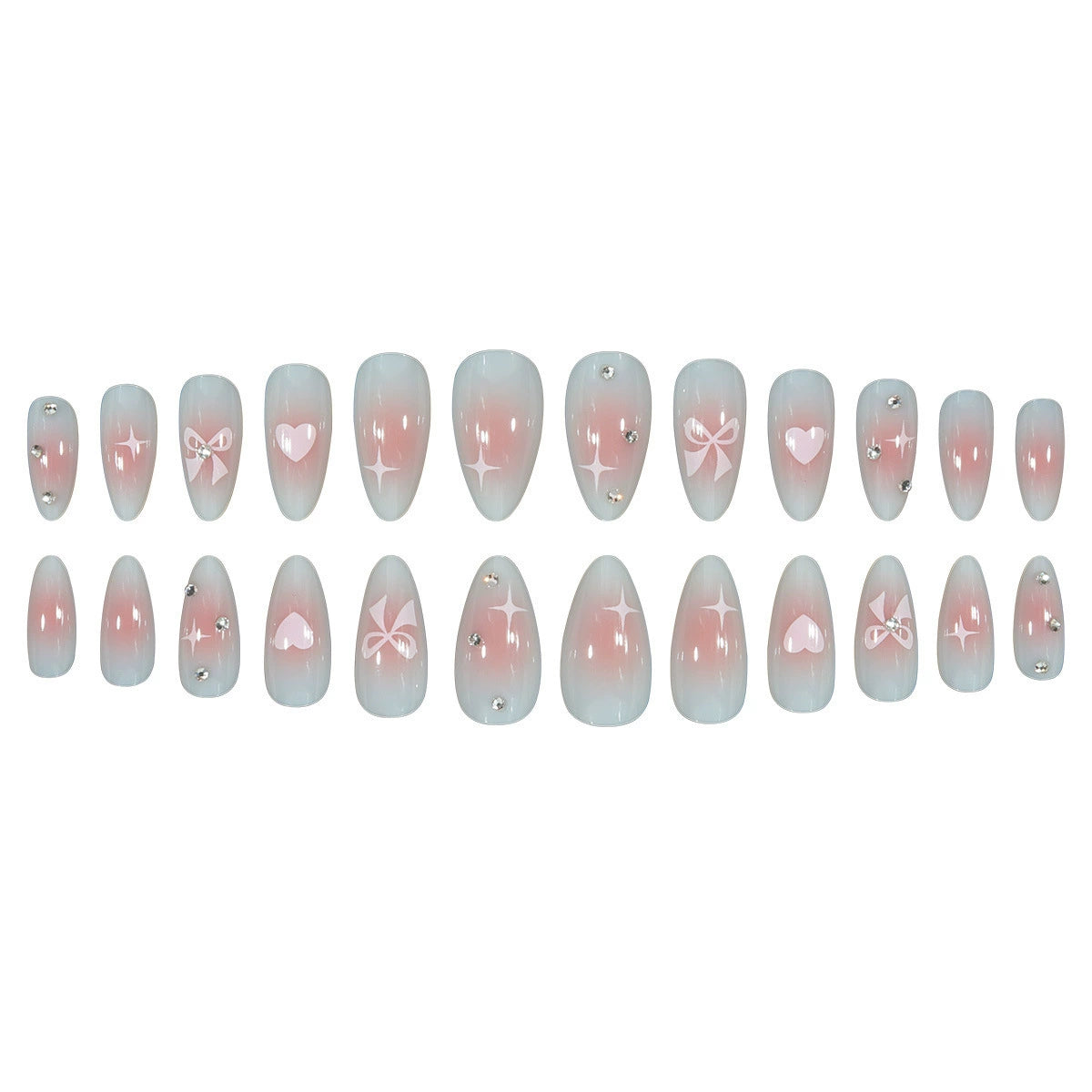 Pink Bow Ombre Rhinestone Almond Press-On Nails