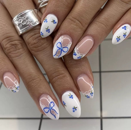 Blue French Floral Almond Press-On Nails