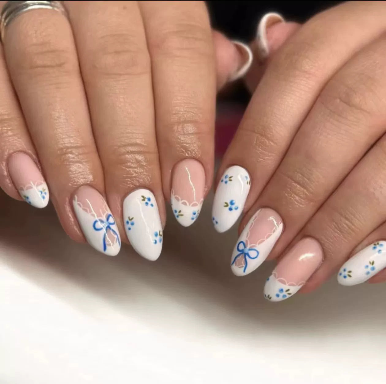 Blue French Floral Almond Press-On Nails