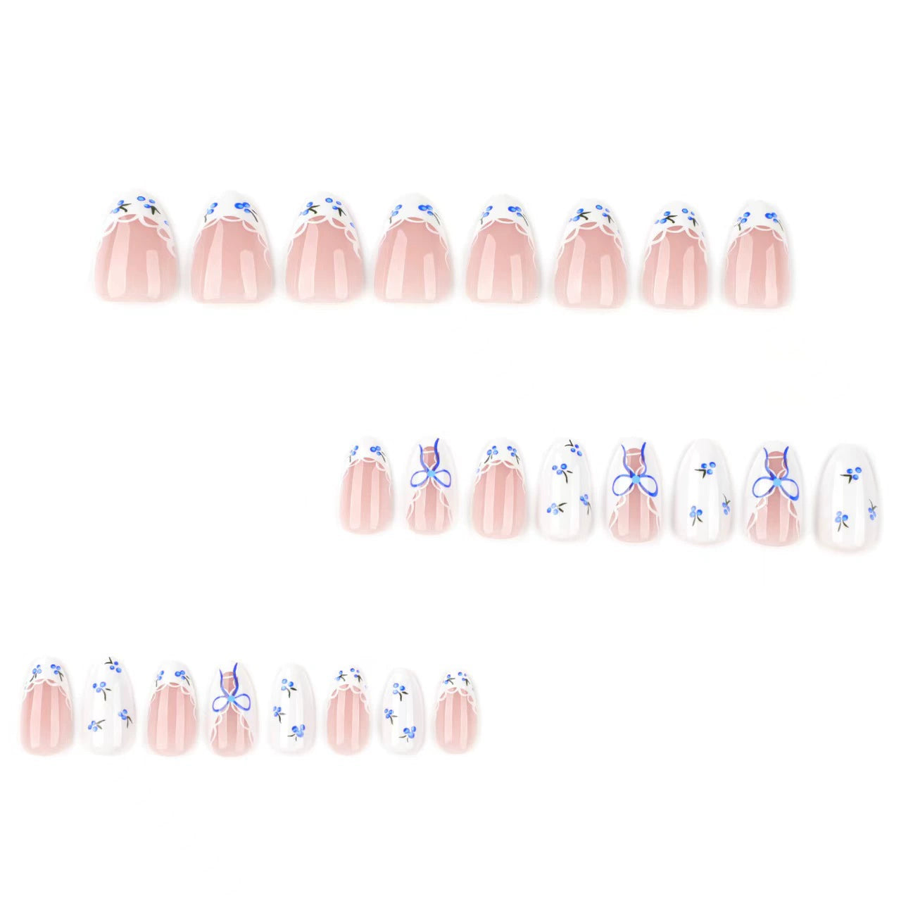 Blue French Floral Almond Press-On Nails