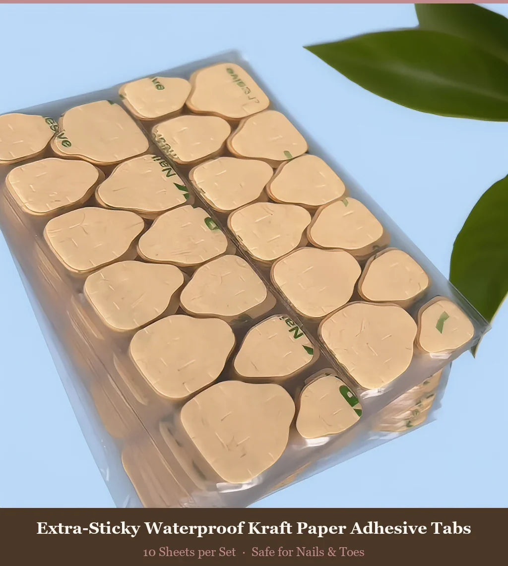 Extra-Sticky Kraft Paper Jelly Tabs for, 10 Sheets press-on nails in almond — worn on hand, close-up