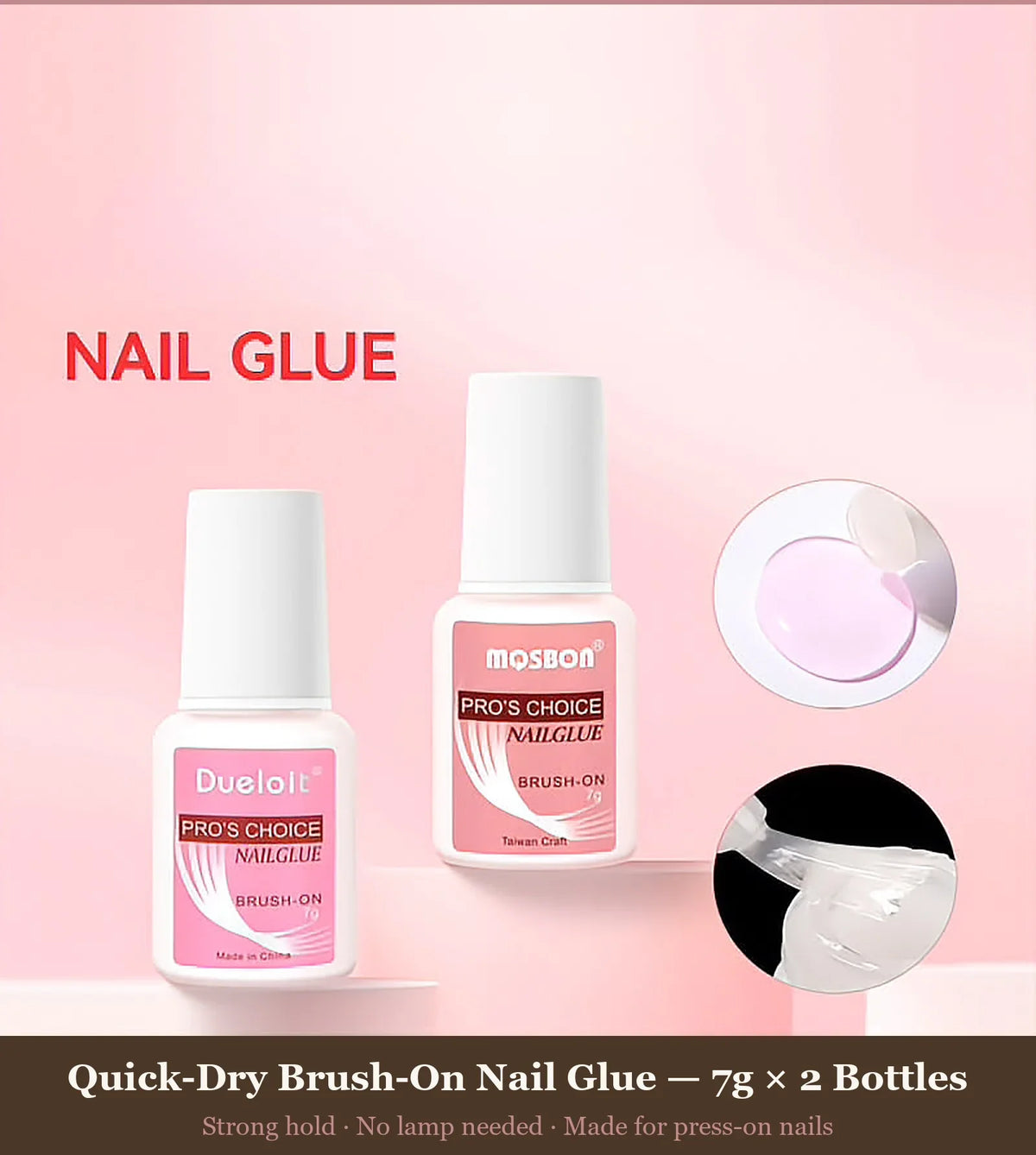 Quick-Dry Nail Glue for, 7g × 2 Bottles press-on nails in almond — worn on hand, close-up